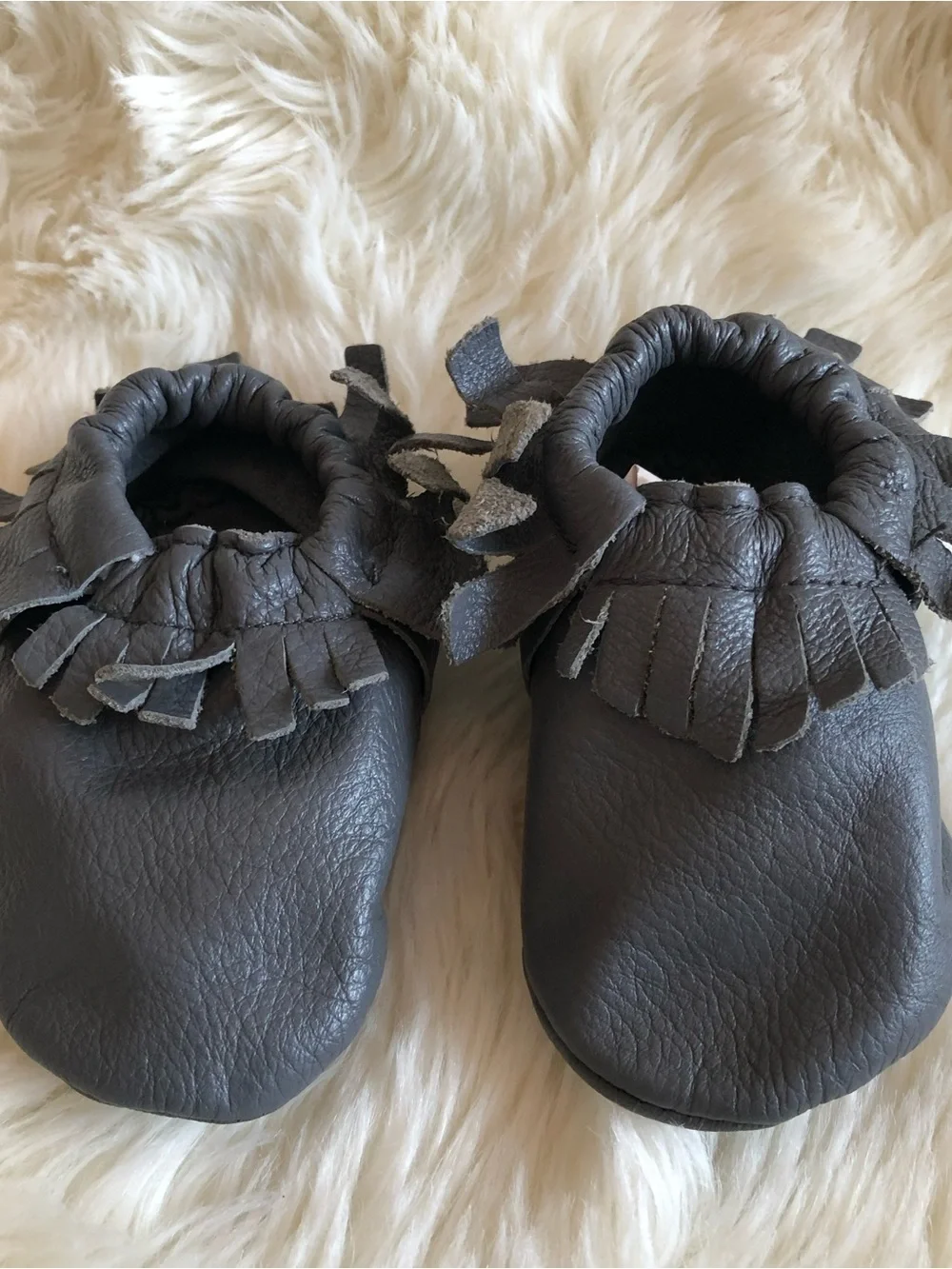Lucky Love Gray Leather Soft Sole Baby Moccasins Fringe Crib Shoes | 3-6 months